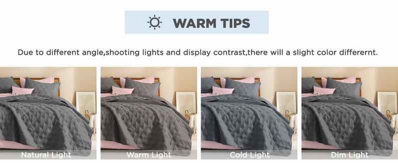 Litanika 3-Piece Bedspread Set - Lightweight Quilt Coverlet w/ Pillowcases | All Season (Dark Grey/Beige/Grayish Blue)