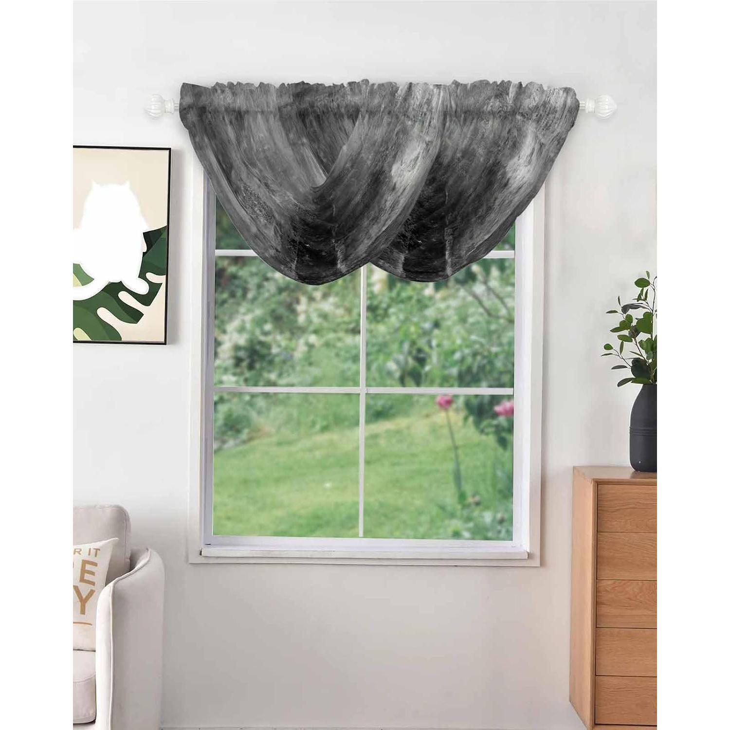 Rustic Black Waterfall Valance Curtains for Window, Retro Grey Ombre Sheer Valances Rod Pocket, Oil Modern Painting Voile Topper Swag Curtains for Living Room, Kitchen 38.5"W x .2"L, 2 Panel