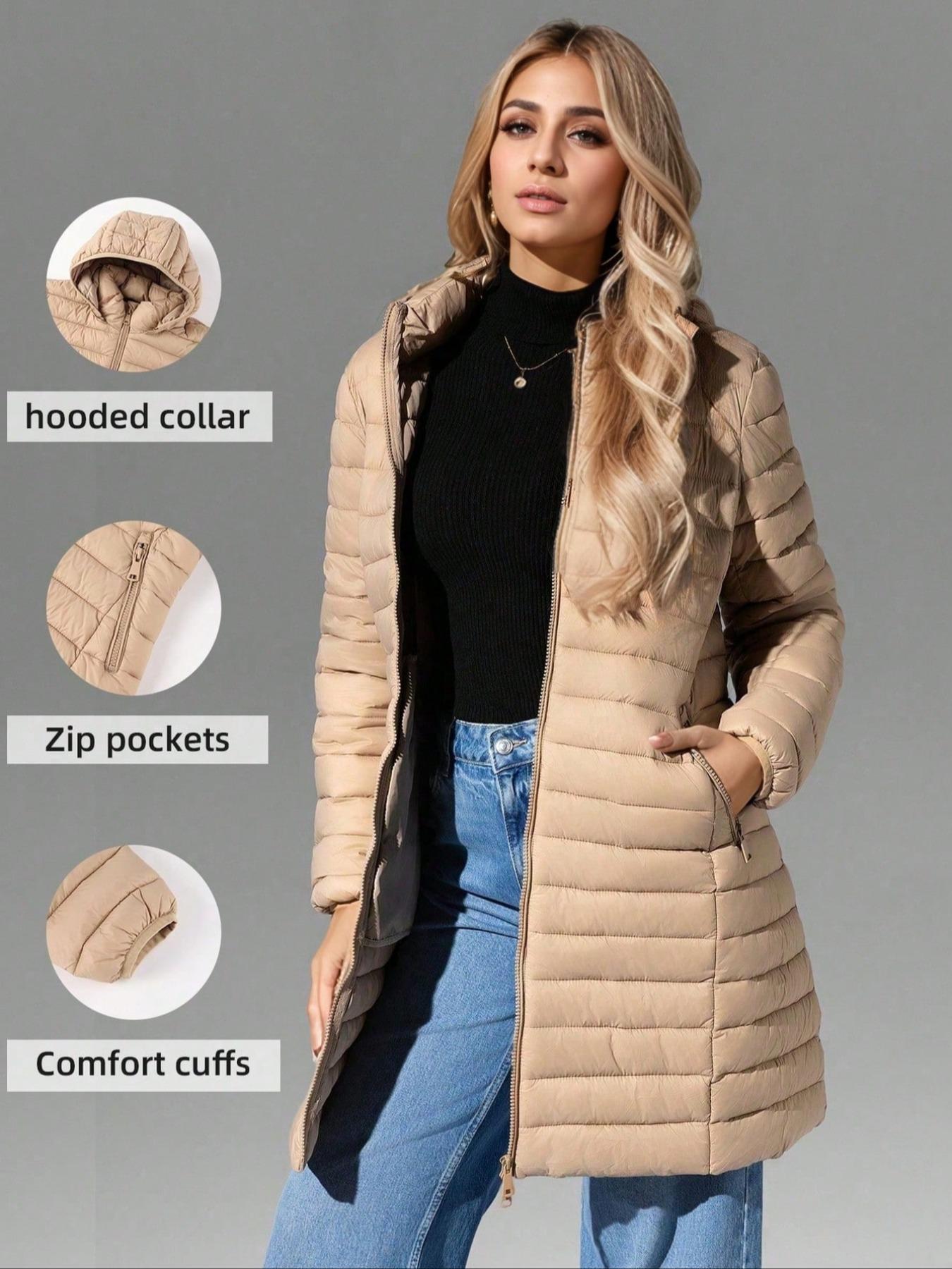 Women's Mid-Length pufferHooded Jacket with Zipper Pockets, Casual Plain Woven Fabric Coat for Fall & Winter Outdoor Commuting