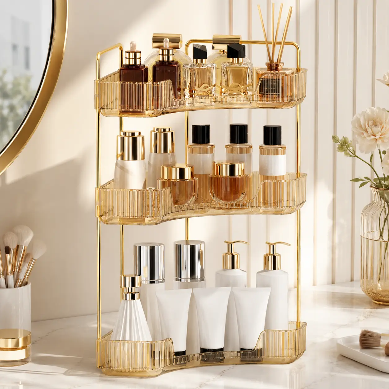 2/3 Tier Corner Makeup Organizer, 90° Space-Saving Vanity Storage Shelf with Clear or Amber Gold Trays, Raised Edges & Handles for Skincare, Perfume, Toiletries, Bathroom Counter, Dorm, Apartment & Small Space