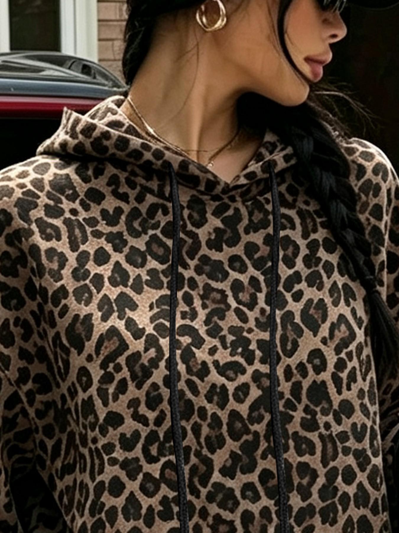 Women's Leopard Print Drawstring Hoodie, Casual Long Sleeve Sweatshirt, Loose-Fitting Striped Design, Fall Winter Fashion Top, Casual Cozy Sweatshirt