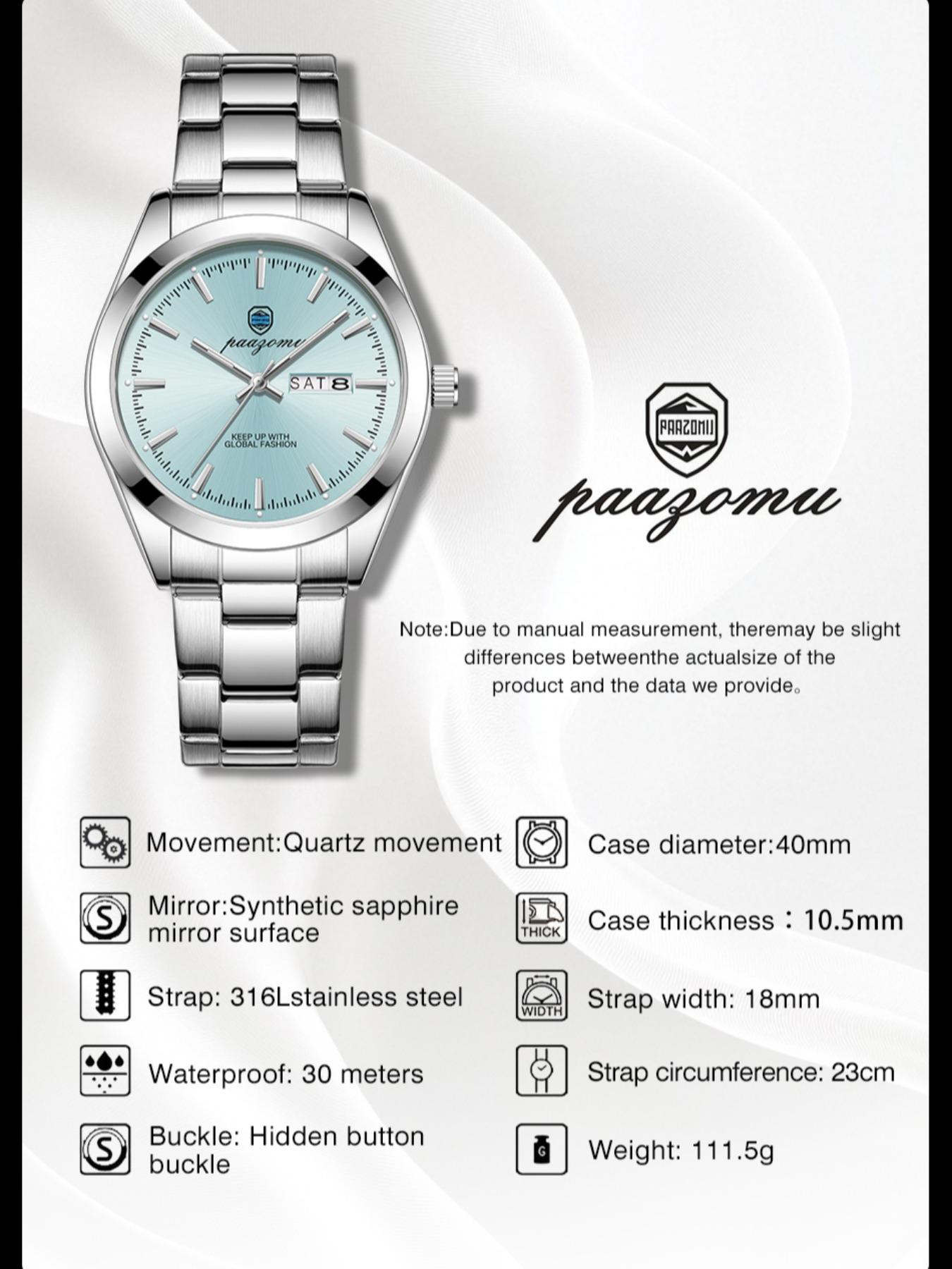 Paazomu 2026 Men's Watch, Original Quartz, Waterproof, Luminous, Stainless Steel, Automatic Date, with Box, Fashionable Design