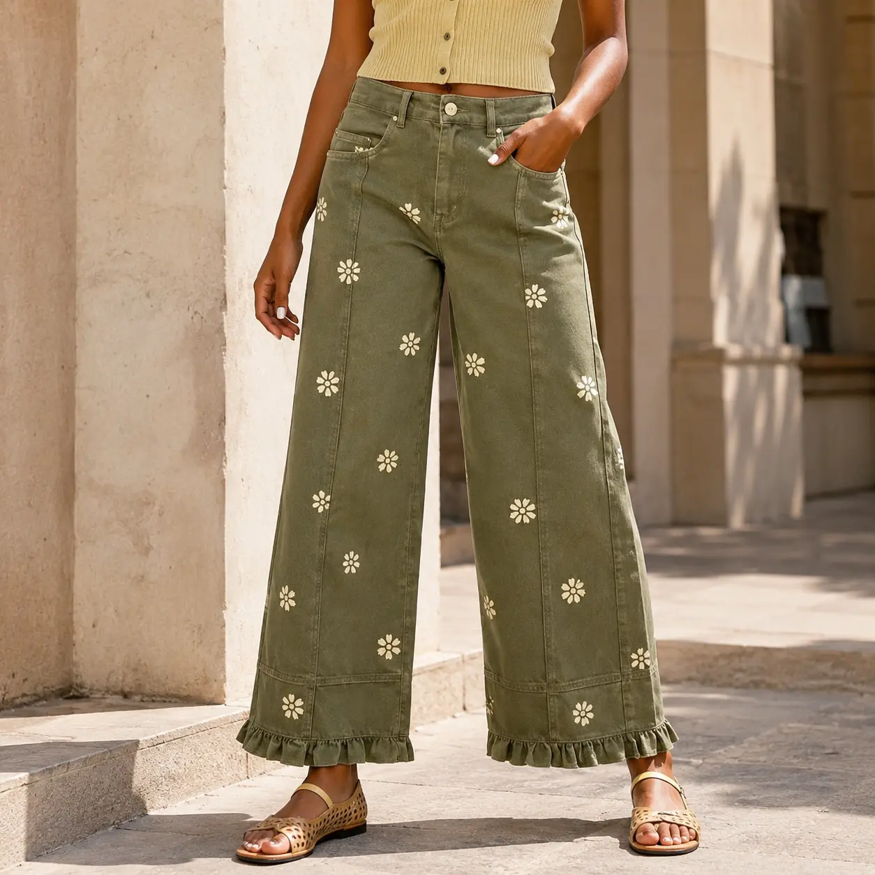 Women's Floral Print Faux Denim Barrel Pants, High-Waist Wide-Leg Baggy Trousers, Y2K Boyfriend Streetwear, Loose Fit Boho Casual Pants, Back to School Outfits, College Clothes, Shopping, Travel, Fall Fashion & Everyday Wear