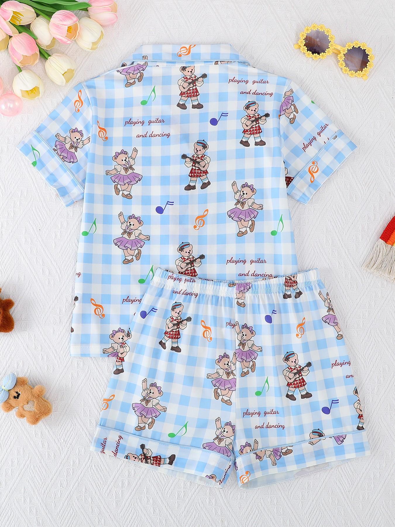 2-Piece Summer Kids Flame-Resistant Pajama Set, Short Sleeve Button Front Top & Shorts, Cute Bear Pattern, All Seasons, Boys & Girls