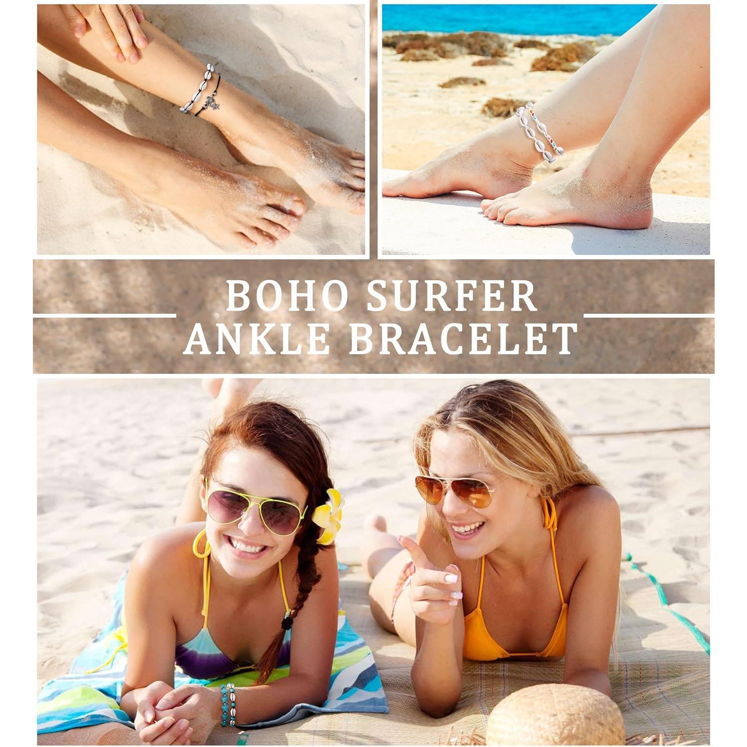 10 PCS Bohemian Summer Anklets for Women, Waterproof Handmade Turtle Starfish Shell Ankle Bracelets, Adjustable Beach Foot Jewelry,summerwins