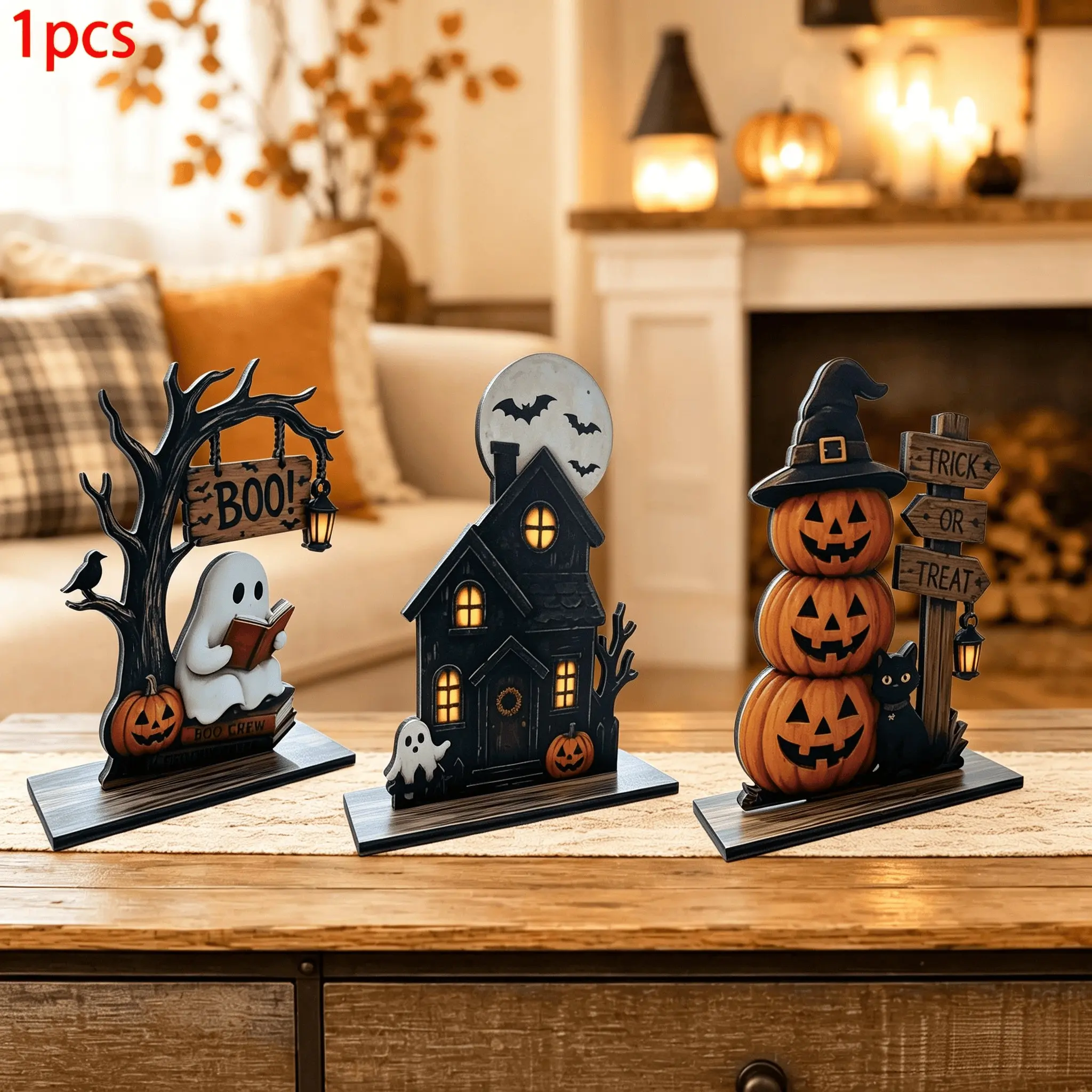 Halloween Layered Tray Decor Set, Ghost and Pumpkin Wooden Shelf Decor, Horror House Desk Decor, Rustic Fall Home Decor, Halloween Centerpiece, Cute Ghost Gift, Festive Decoration