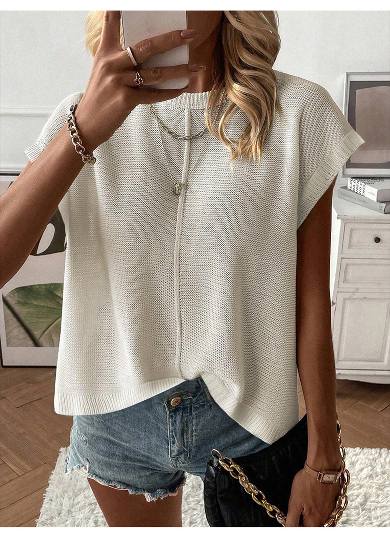 Spring Summer Elegant Versatile Knit Top, French Commute Casual Women's Round Neck Plain Hollow Out Loose T-Shirt