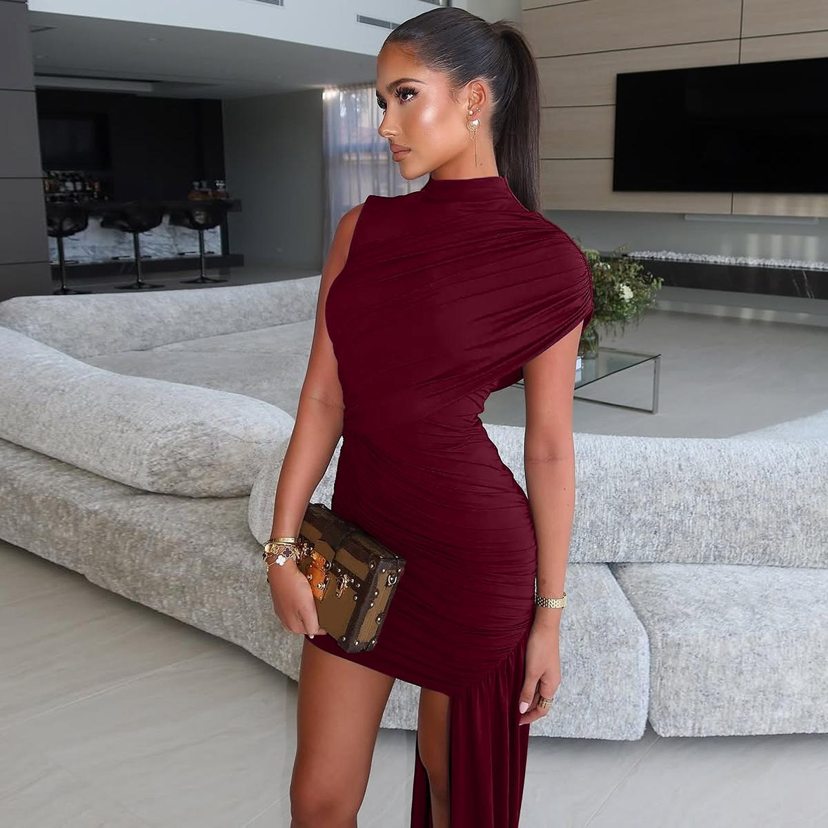 Women's Solid Color Ruched Asymmetrical Bodycon Dress, Elegant Mock-Neck Short Dress for Party Date Evening, Ladies Summer Clothes