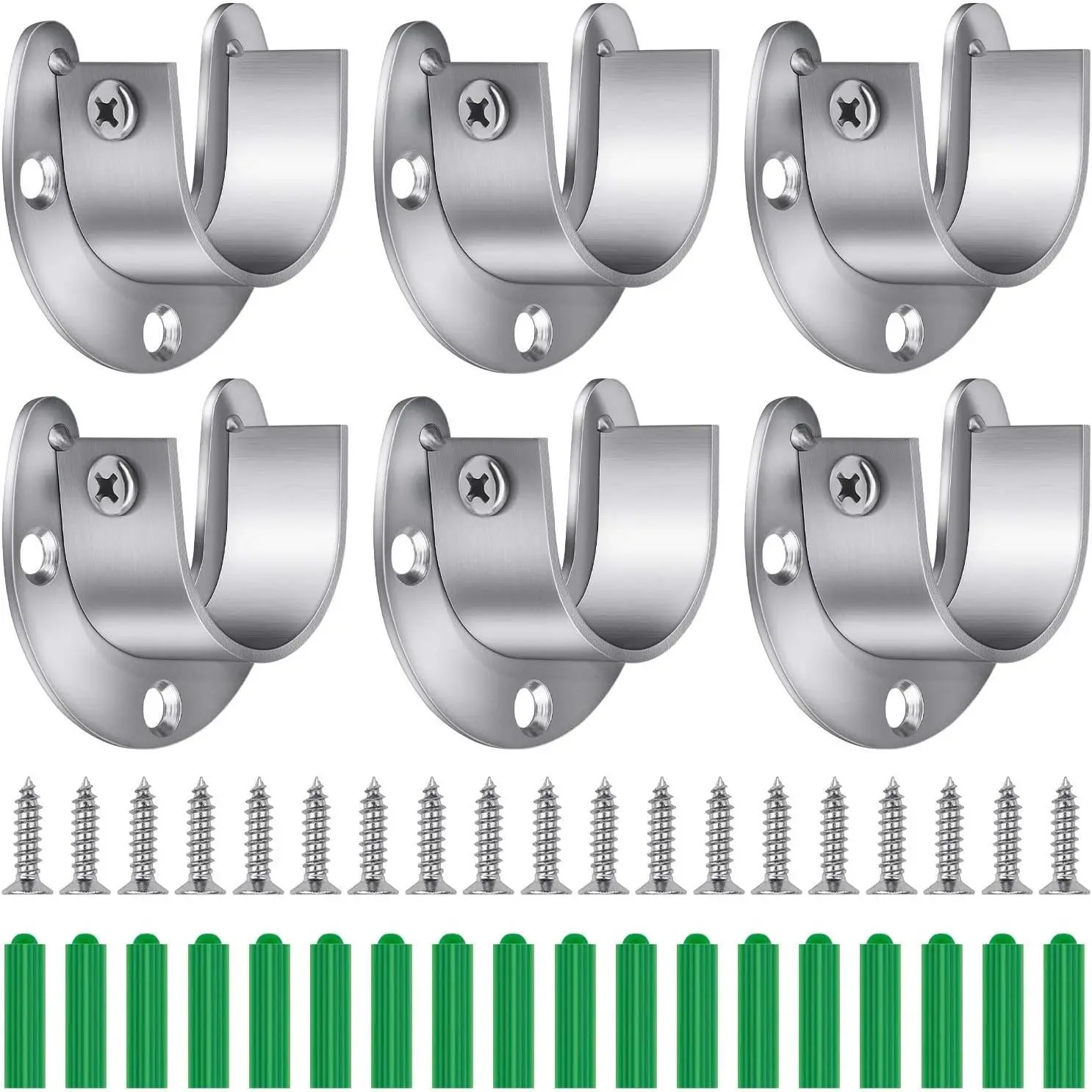 6 Pieces Stainless Steel Closet Pole Sockets Rod Socket Flange Set Rod Support Flange Holder, U Shaped, Easy Installation or Removal