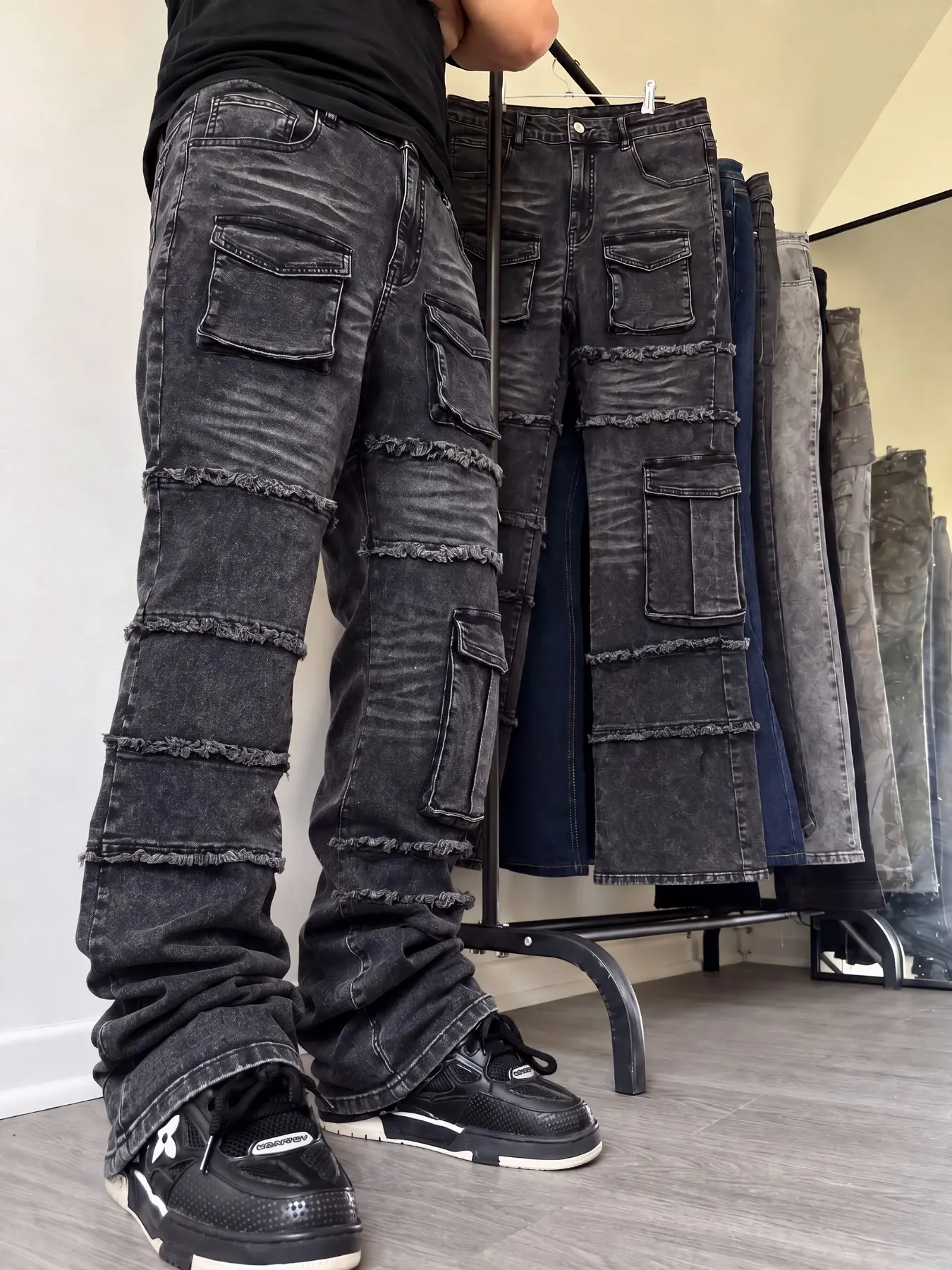 Men's Slim Fit Flared Jeans, Cargo Pocket Design, Patchwork Raw Hem, Washed Y2K Stacked Denim Pants, Trendy All-Season Wear, Streetwear