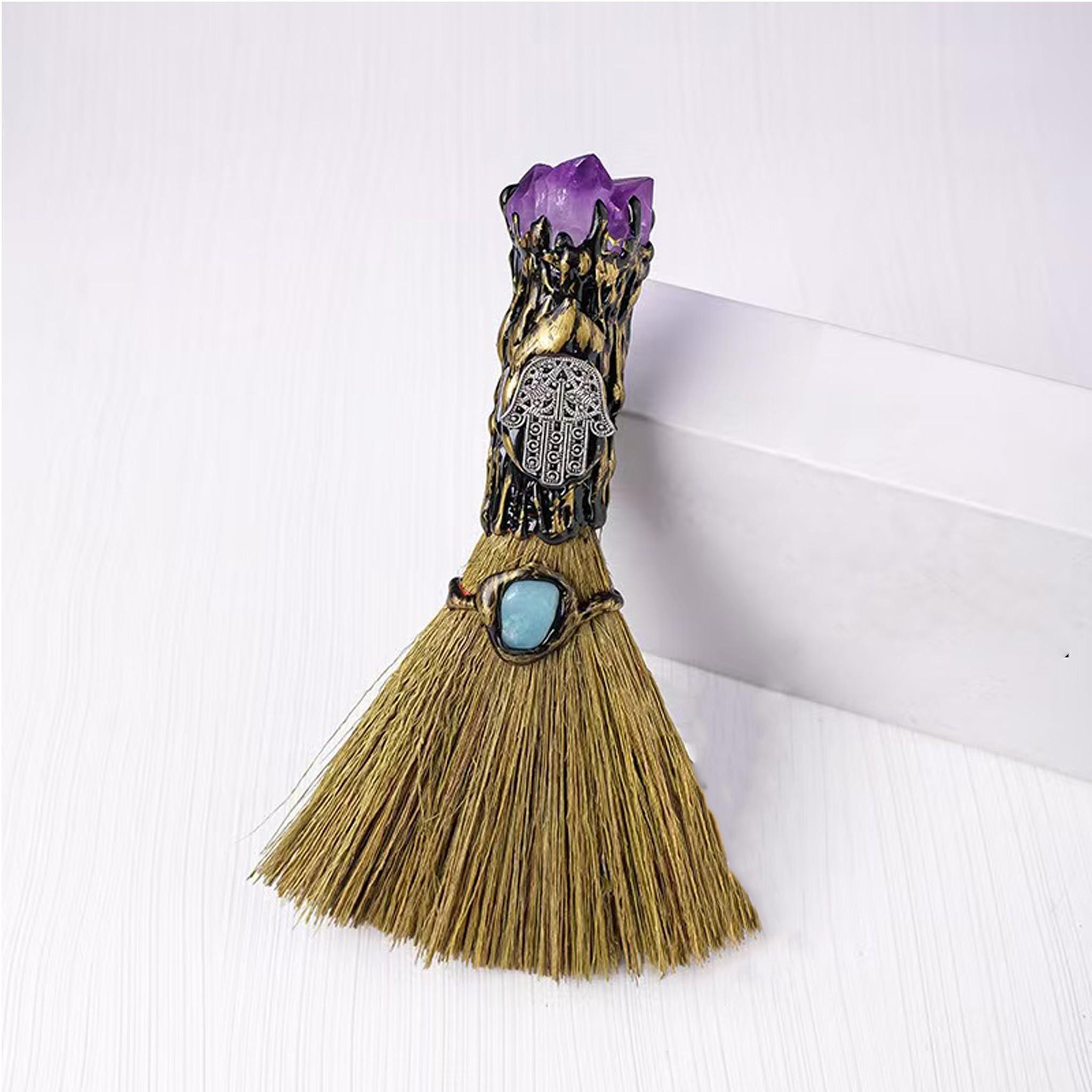 Natural Amethyst Fatima Handheld Mini Witch Broom, Vintage Handmade Magic Broom, Turquoise & Amethyst, Natural Straw Bristles, Healing Energy