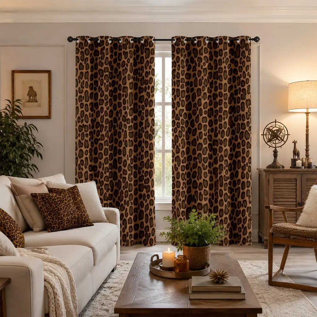 2 Piece Set 2D Flat Print Curtains, Window Curtain, Leopard Drapes, Leopard Pattern, Home Decor, Room Decor Curtain, Home Decorative Curtain, Hole Curtain, Semi-Transparent Polyester Fabric