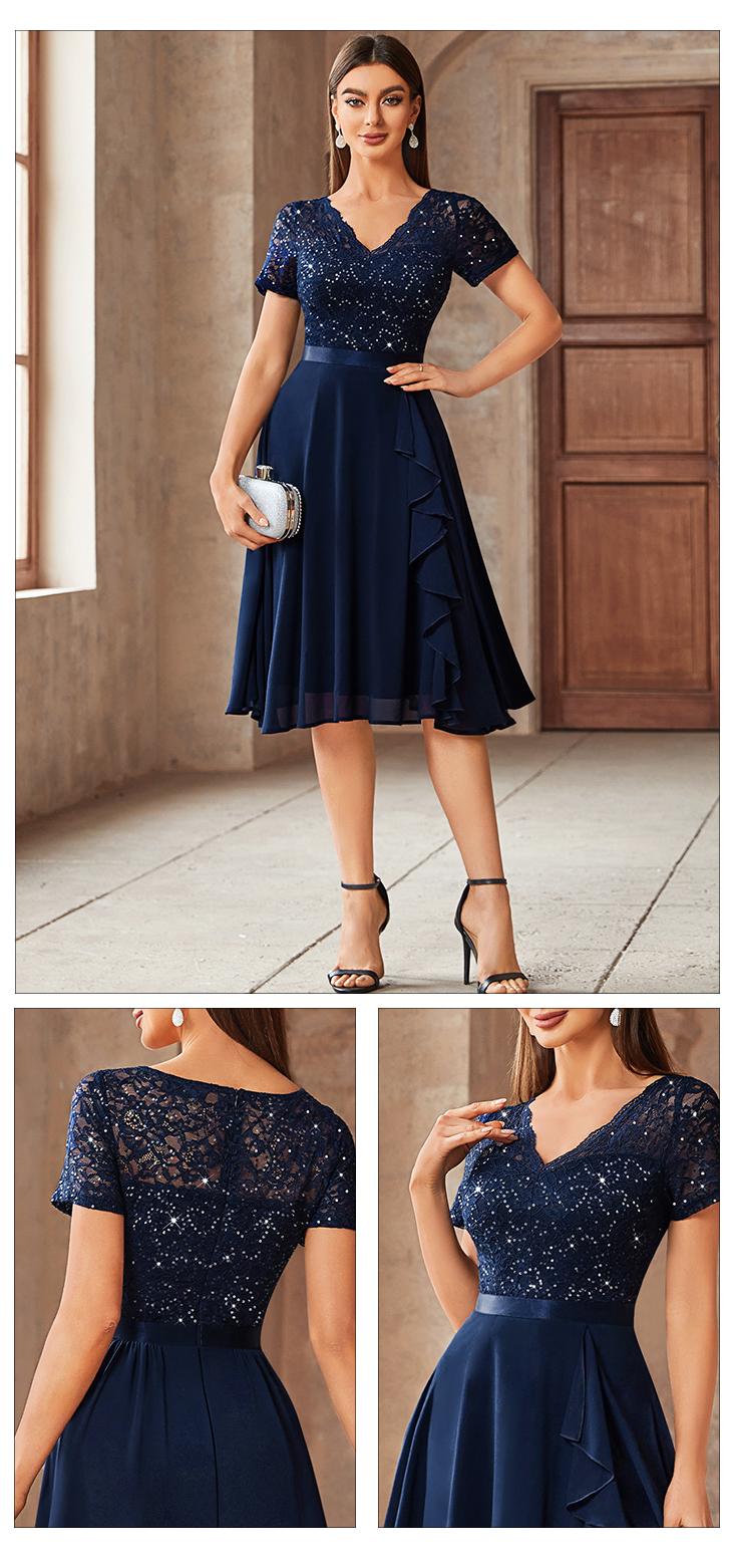 MIUSOL 24224 VNeck Contrast Lace Solid Shortsleeve Sequin Insert Ruffle Trim Chiffon Cocktail Party Swing Dress