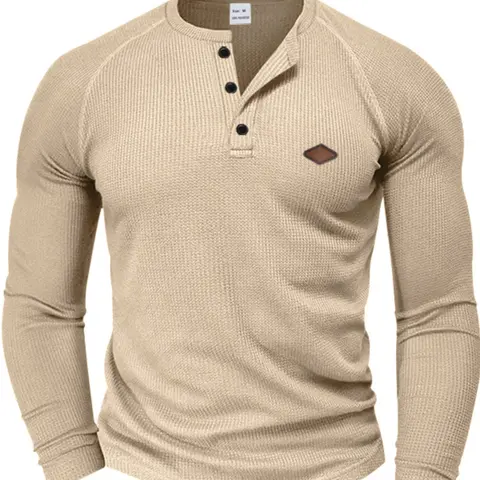 Men's Long Sleeve Casual Waffle Knit Tee, Quick-Dry Shoulder Insert Henley Shirt, Spring & Fall Fitted Pullover, Comfortable Fit Knitwear