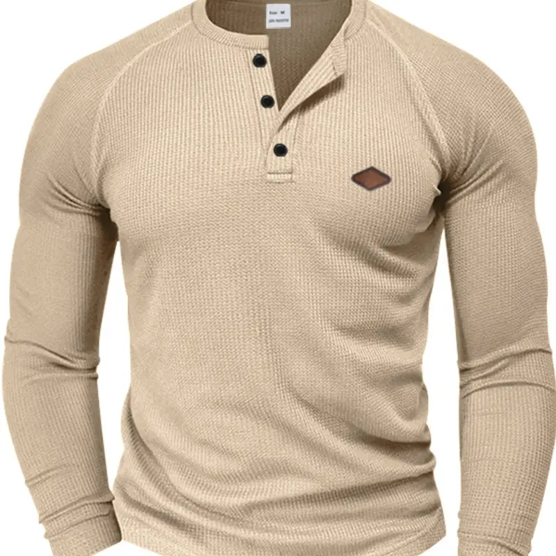 Men's Long Sleeve Casual Waffle Knit Tee, Quick-Dry Shoulder Insert Henley Shirt, Spring & Fall Fitted Pullover, Comfortable Fit Knitwear