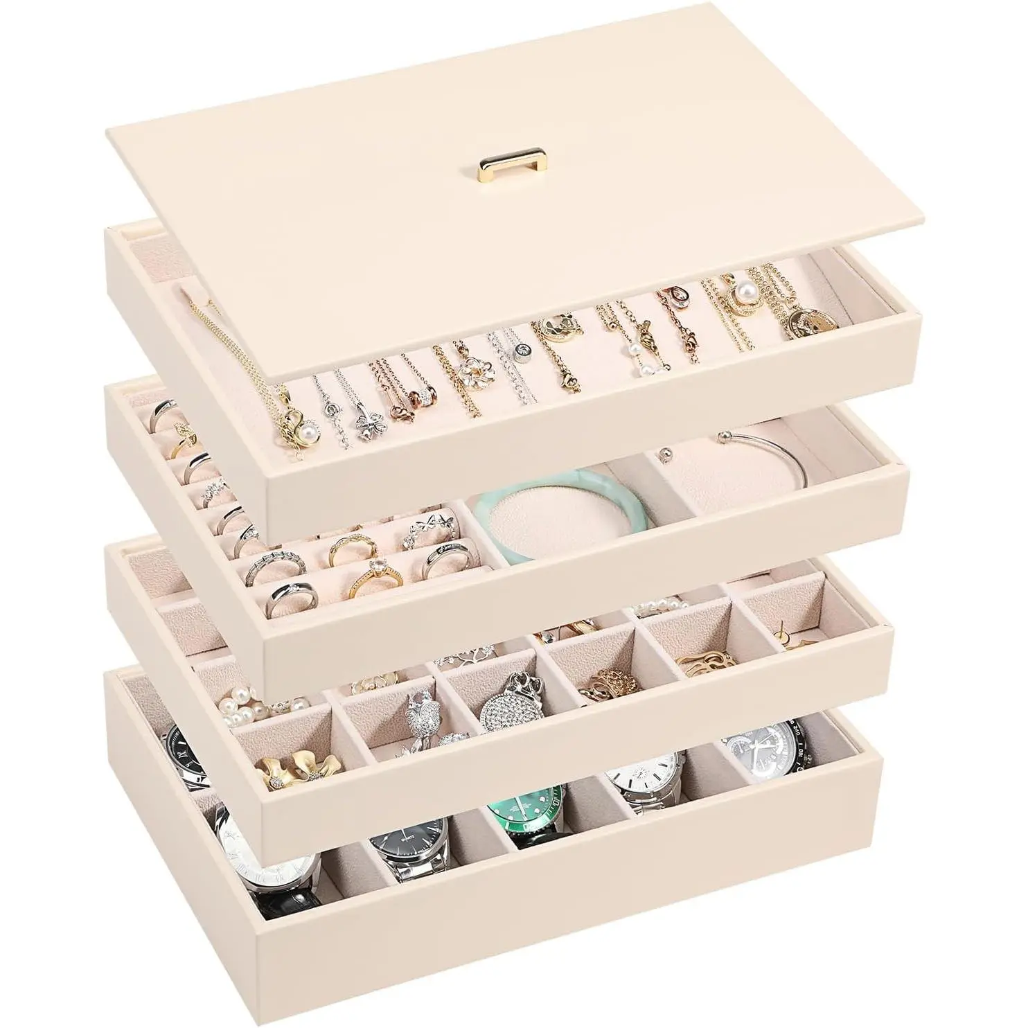 Stackable Jewelry Organizer Tray with Lid (Set of 4, Apricot) | Stackable PU leather jewelry trays with drawer inserts for earrings, rings, necklaces, bracelets and watches; set of 4