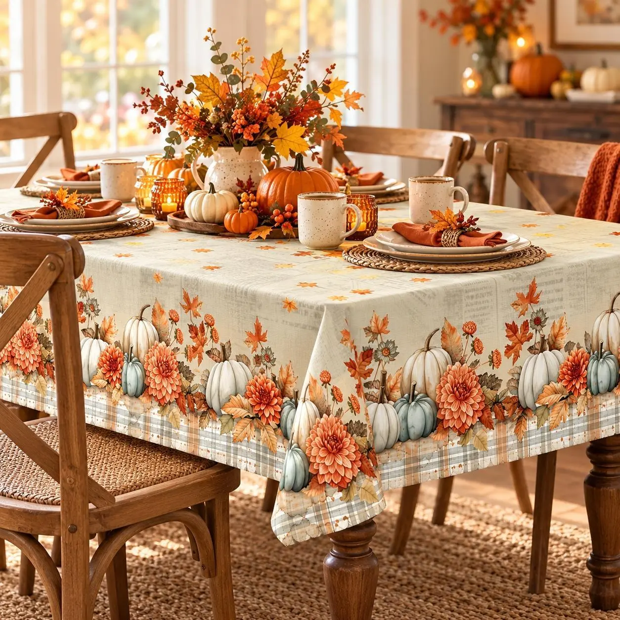 Cream Rectangular Floral Tablecloth - White Pumpkins, Orange Chrysanthemums, Maple Leaves, Plaid Border - Autumn Thanksgiving Harvest Decor for Kitchen Home Parties