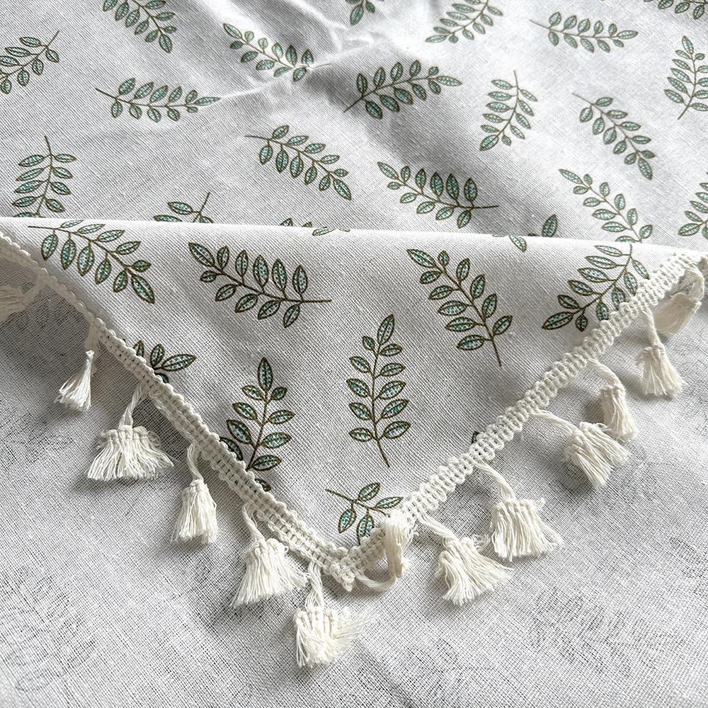 Ins Style Tassel Fringe Picnic Blanket - Vintage Green Plant-Print Camping Mat, Portable Foldable Outdoor Throw for Lake, Lawn (Sports & Outdoor Camping & Hiking Picnicware), Blankets