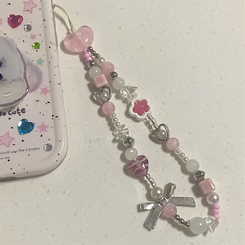 [Phone Chain Cute] Y2K Cute 3D Pink Love Heart Silvery Bowknot Flower Beaded Phone Chain, Suitable for iPhone/Samsung Phones, Universal Accessories