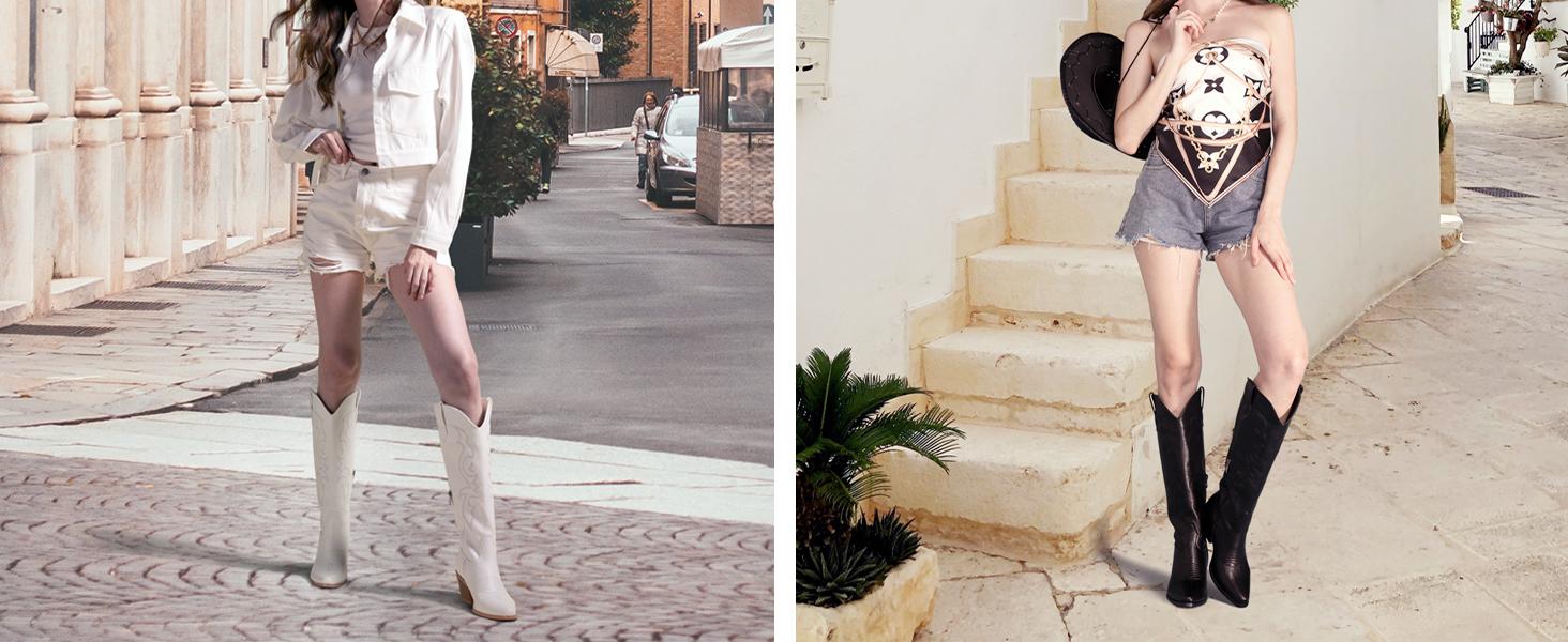 Cowboy Boots for Women - Wide Calf Cowgirl Boots, Women Knee High Western Boots, Ladies Tall Boots with Classic Embroidery and Side Zipper, Retro Classic Country Boots Pull On for Ladies