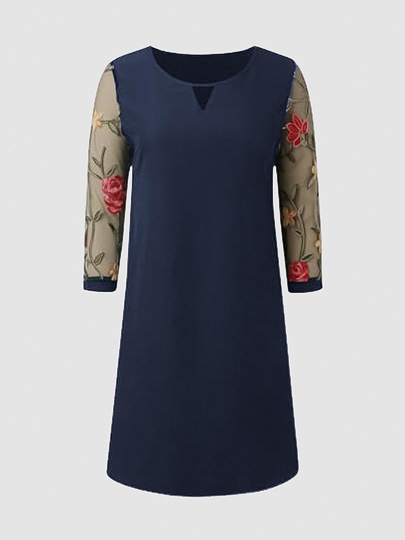Women's Casual Elegant Floral Embroidered Half Sleeve Hollow Out Neck Dress, Perfect for Spring Summer, Stylish and Comfortable