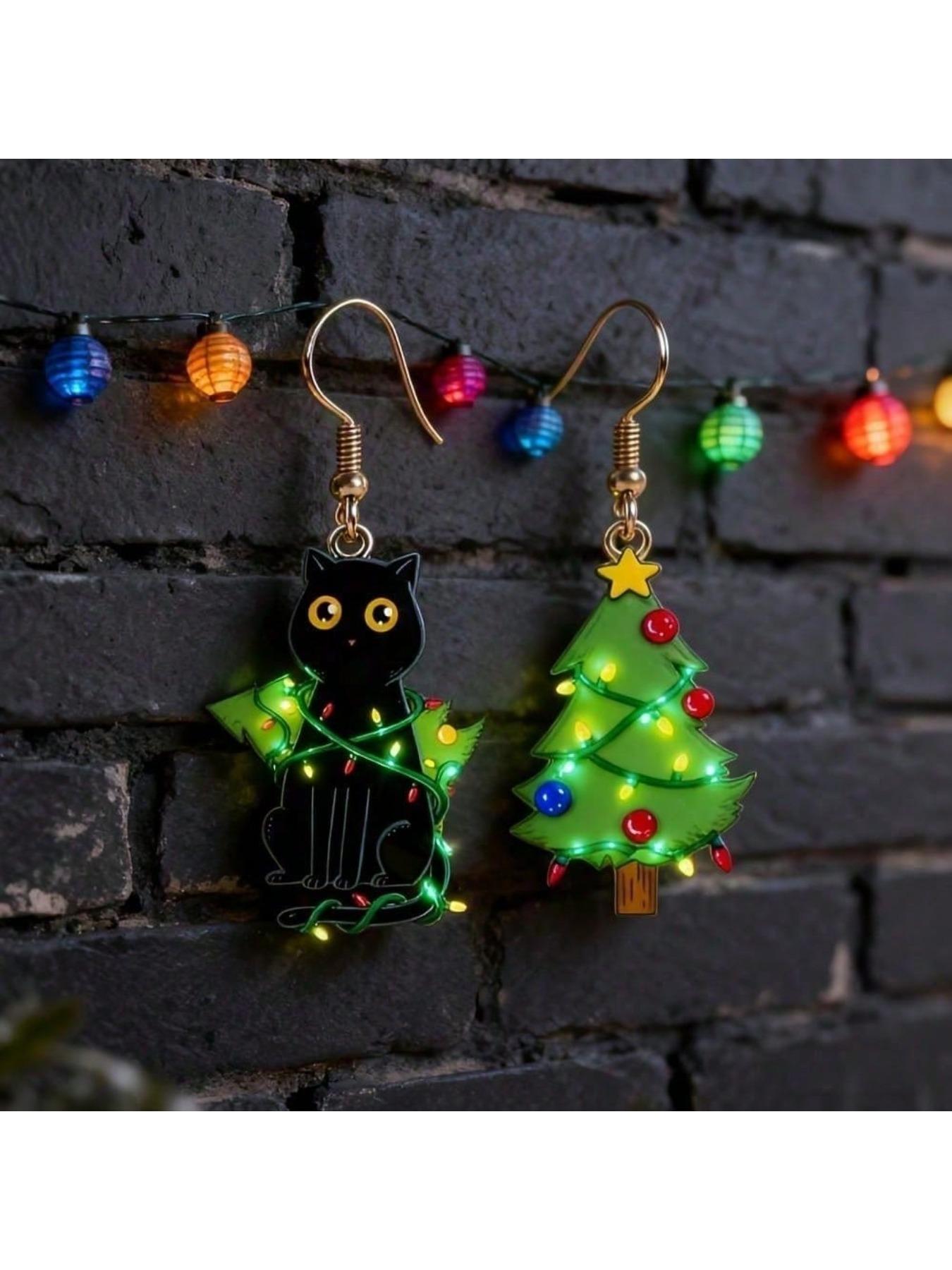 Cute Black Cat and Pine Tree Earrings - Acrylic Material, Suitable for Christmas Day and Daily Wear, Women's Party Fun Declaration Earrings (Gift for Her) - Comfortable and Durable Design