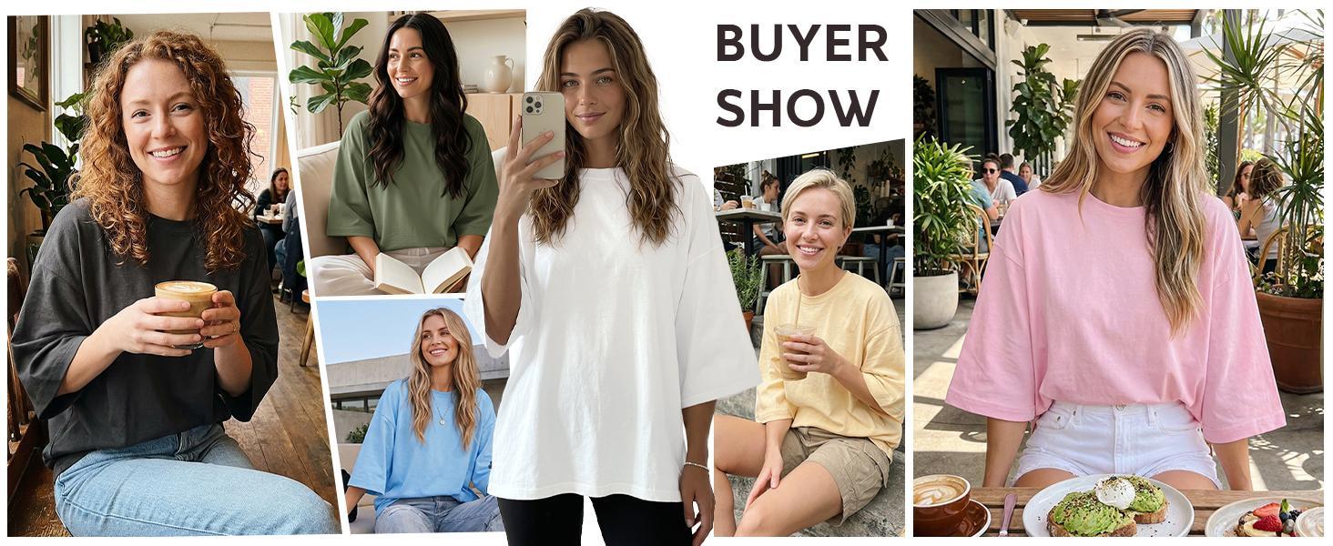 Flowyair Womens Oversized T-Shirt Casual 3/4 Sleeve Summer Boxy Tops Loose Fit Crew Neck Basic Shirts