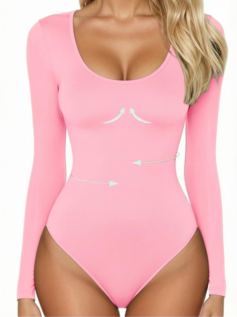 Women's Ribbed Abdomen Control Bodysuit, Long Sleeve Seamless T-Shirt, Comfortable Scoop Neck Bodysuit Stretchy Basic Tops, Fit Soft Elastic Fabric, Perfect for Daily Wear and Going Out, Shapewear for Fall&Winter