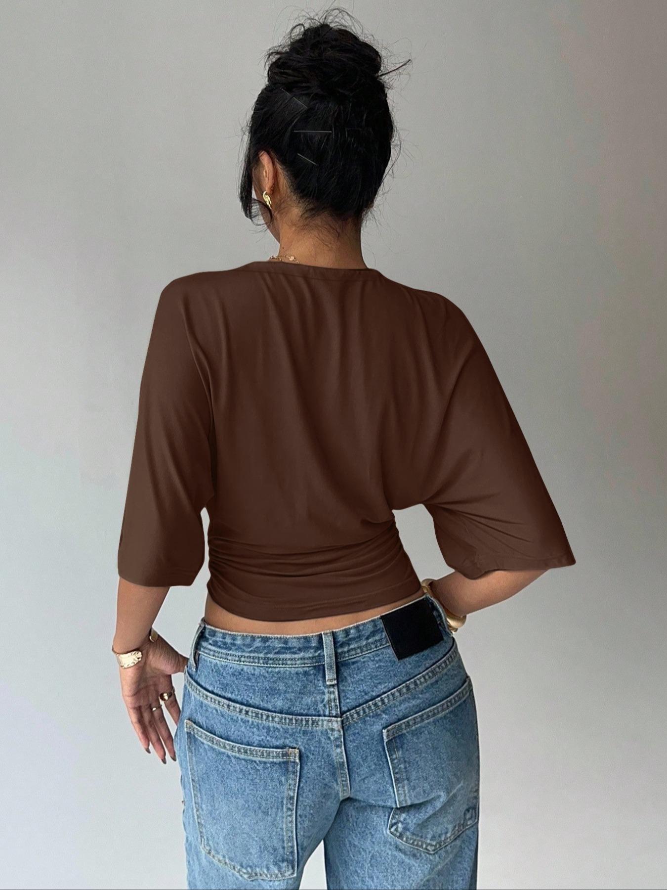 Women's Summer Basic, Simple Stylish Batwing Sleeve Ruched Short Top T-shirt, Relaxed Hem Soft Elastic T-shirt, Trendy Y2K Stretchy Knitted Crew Neck Top, Womenswear