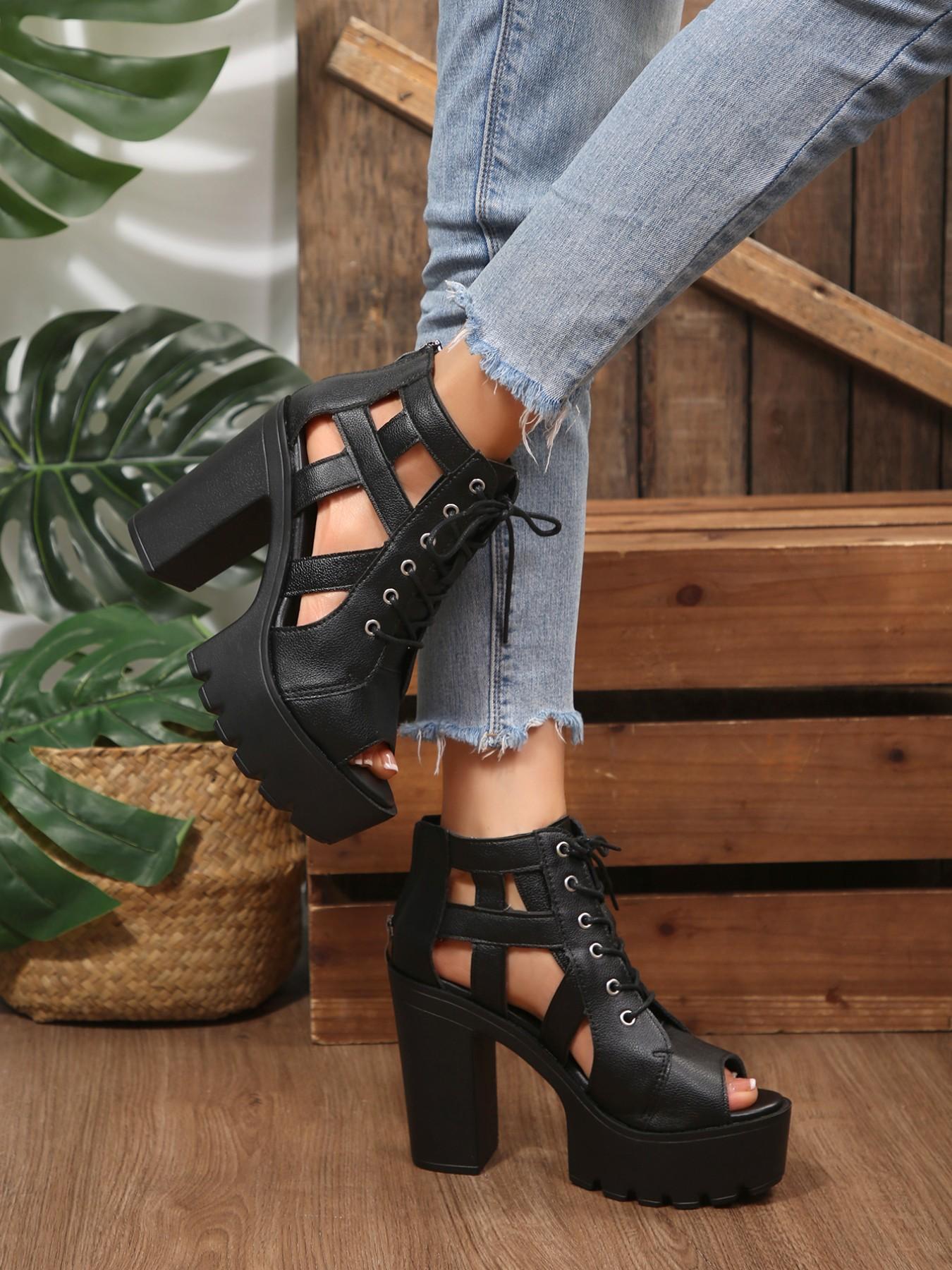 Hollow Out Fish Mouth High Top Sandals, Thick Sole Waterproof Roman Boots, Laces and Zipper Design, Slimming and Tall, Fashionable Women's Shoes