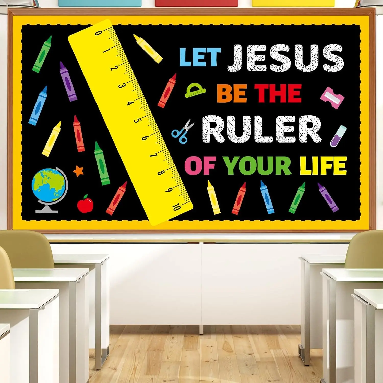 Christian Jesus Bulletin Board Set Religious Classroom Decoration Back to School Ruler Paper Cutout Inspirational Motivational Borders for Teacher Church VBS Sunday School Nursery Door Wall Decor
