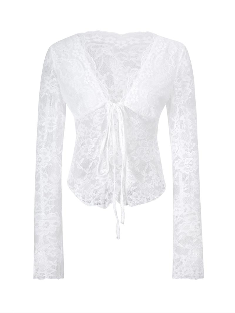 Elegant Sexy Lace Bow Short Long Sleeve Top, Fitted Plain Design for Spring & Fall, Women's Fashionable Blouse
