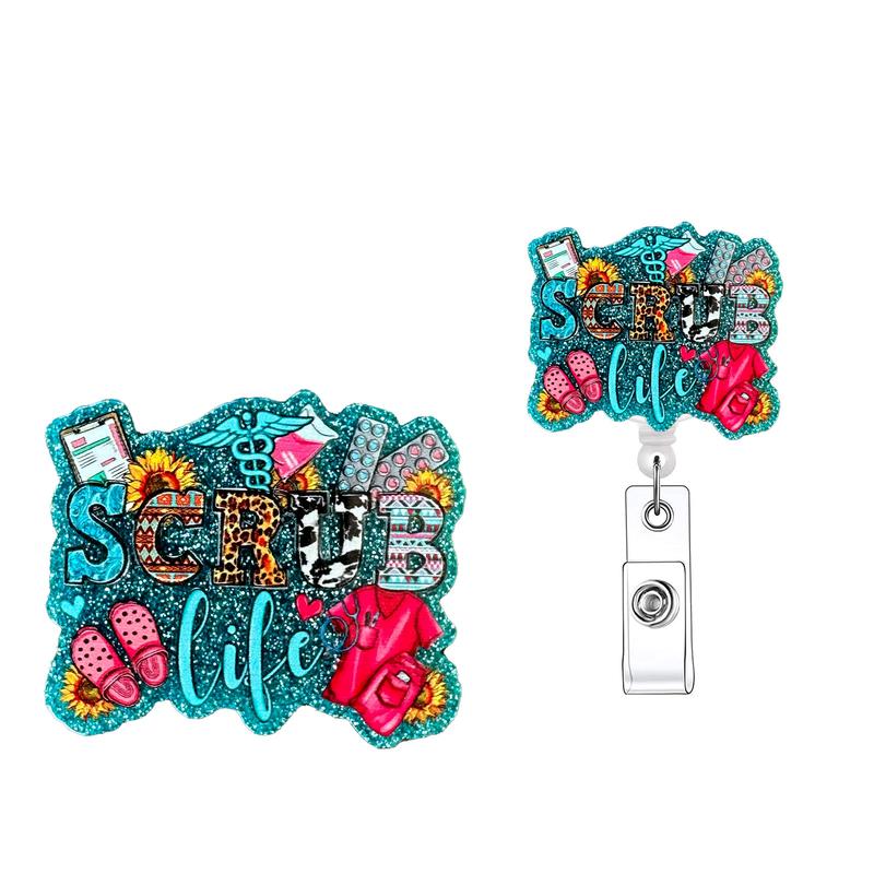 Letter Design Badge Holder without Card Sleeve, 1 Count Scrub Life Retractable Badge Reel with ID Clip, Acrylic Name Badge Holder for Nurse Doctor Student