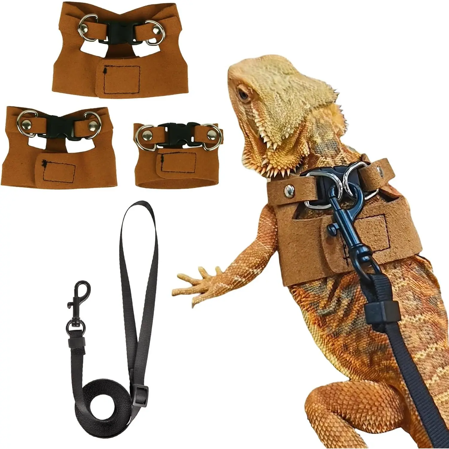 Bearded Dragon Harness and Leash Set, Adjustable Reptile Harness Available in 3 Sizes, Comfort Soft Lizard Walking Leash for Reptile Pets, Brown