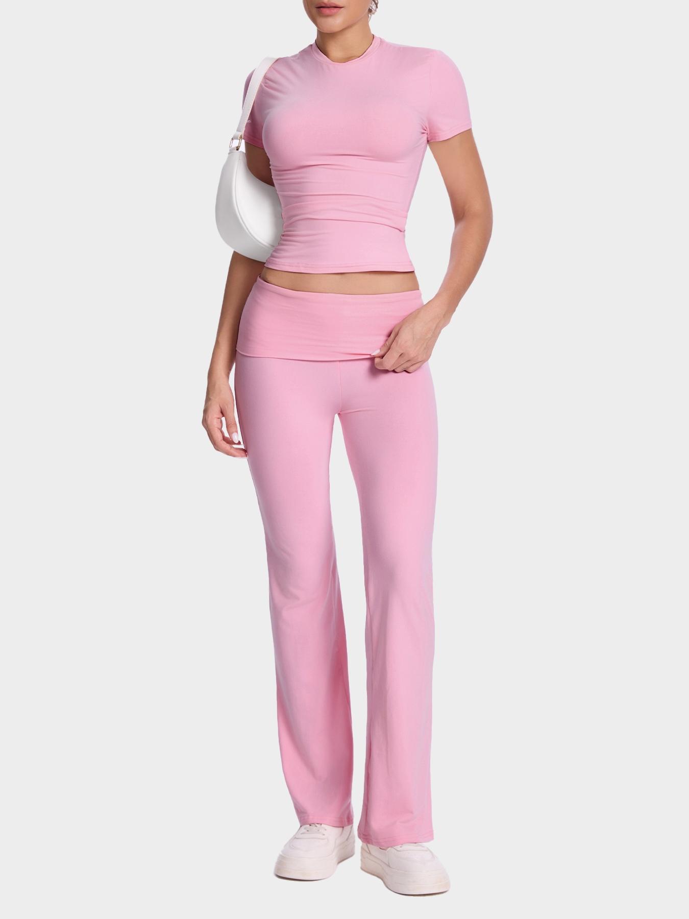 Women's Solid Color Short Sleeve Top & Flare Leg Pants Loungewear, Casual Comfy Two-piece Lounge Set, Ladies Loungewear for All Seasons, Pajama Set