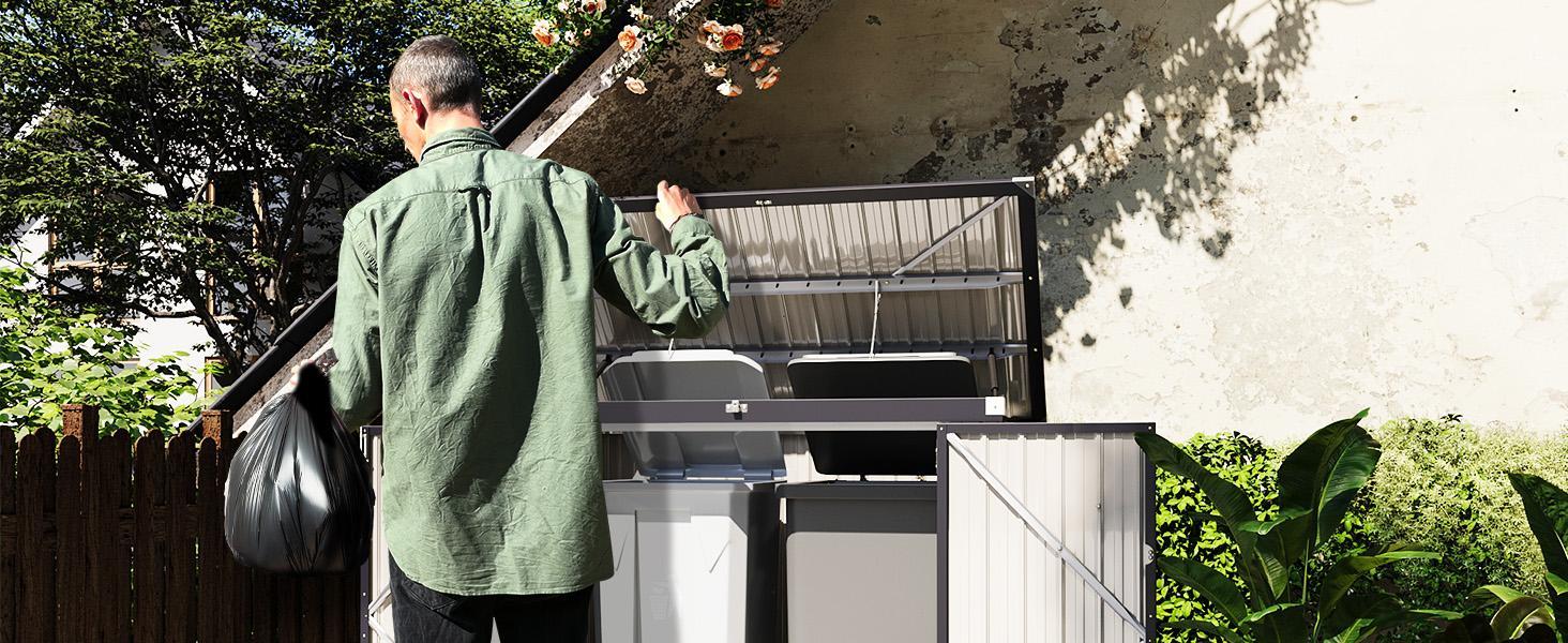 80 Cu. Ft Outdoor Trash Can Storage, 5.6x3.3 Ft Outdoor Shed  Storage , Horizontal Metal Shed w/Lockable Doors & Waterproof Lid Chain - Holds Trash Cans, trash cans storage.Toys, Garden Tools for Garden/Backyard/Patio-5