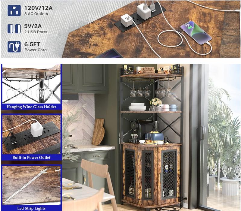 Corner Bar Cabinet with Power Outlet, Cabinet with LED Strip and Glass Holder, Cabinet Bar Unit for Home Coffee Utensils Metal Sturdy Bottles Corner Bar Cabinet with Power Outlet, Cabinet with LED Strip and Glass Holder, Cabinet Bar Unit for Home Coffee Utensils Metal Sturdy Bottles