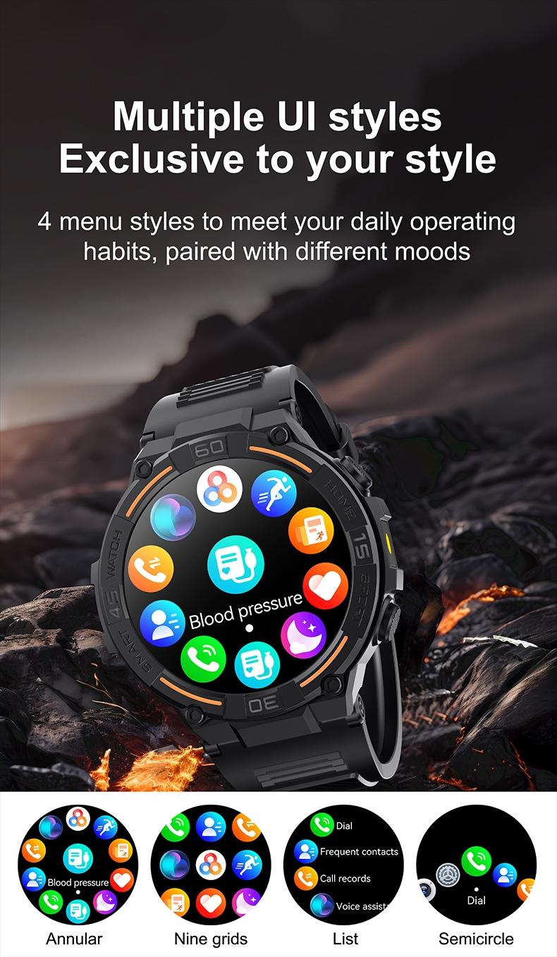 Outdoor smart watch, 1.53-inch touchscreen with wireless calling, over 100 sports modes and watch faces, AI voice assistant, compatible with Android and iPhone, flashlight function, fitness watch wearable device, stainless steel strap waterproof watch.