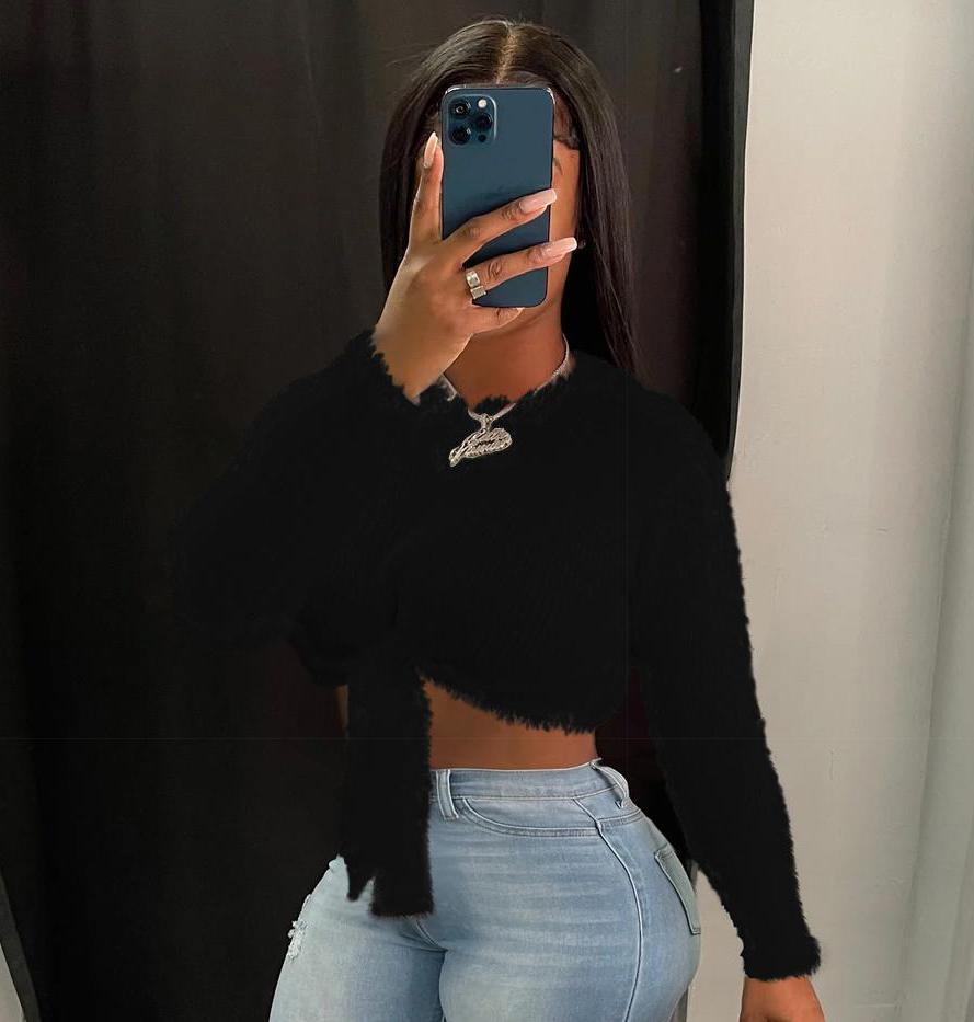 USBoutique Chic Women's Solid Tie Front Crop Plush Sweater, Casual Chic Long Sleeve Round Neck Jumper for Fall & Winter, Fashion Ladies' Tops Knitwear for Daily Wear, Sweaters for Women