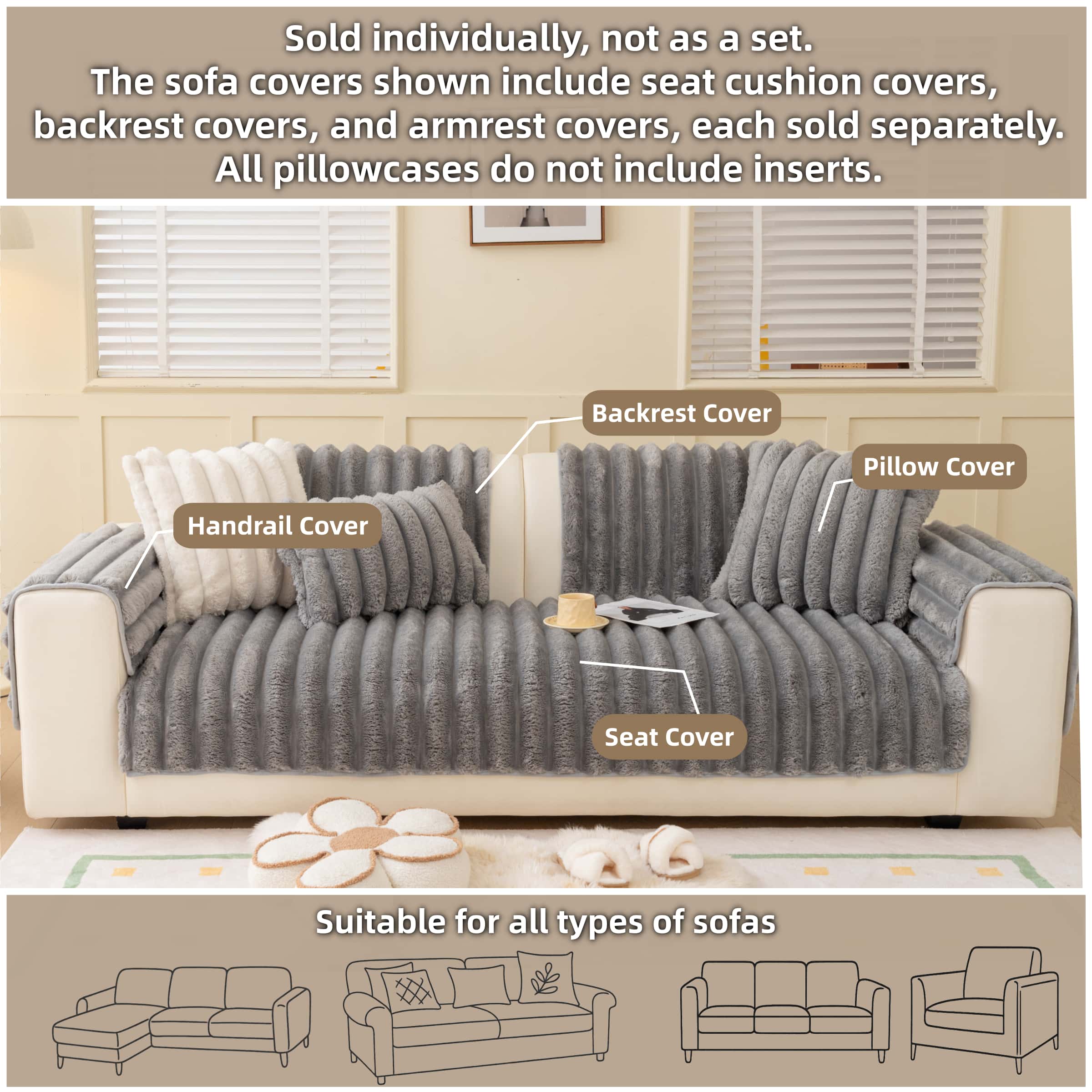 Solid Color Plush Sofa Cushion Cover, Sofa Slipcover, 1 Count Pet-friendly non-slip couch protector, soft & warm thick fleece, machine washable, anti-scratch cat/dog friendly throw, universal fit 1/2/3/4-seater & L-shape sectional