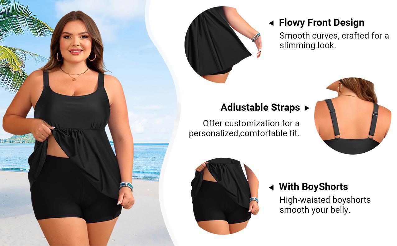 Holipick Plus Size Two Piece Tankini Swimsuits for Women Flowy Swimdress Tummy Control Bathing Suits with Shorts