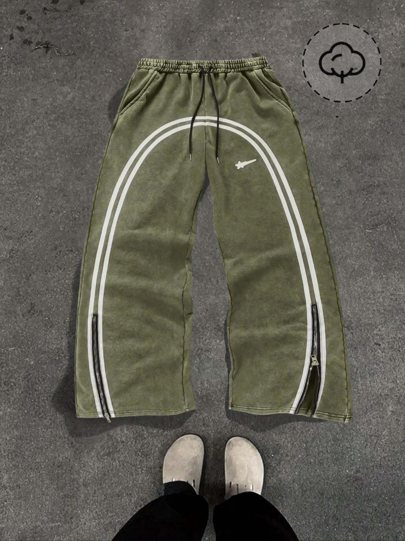 Men's Star & Striped Print Washed Distressed Drawstring Waist Sports Sweatpants, Regular Fit Casual Comfy Fashion Pocket & Zipper Design Pants for Fall & Winter, Sports Bottoms, Casual Athletic Pants, Athleisure Style Bottoms