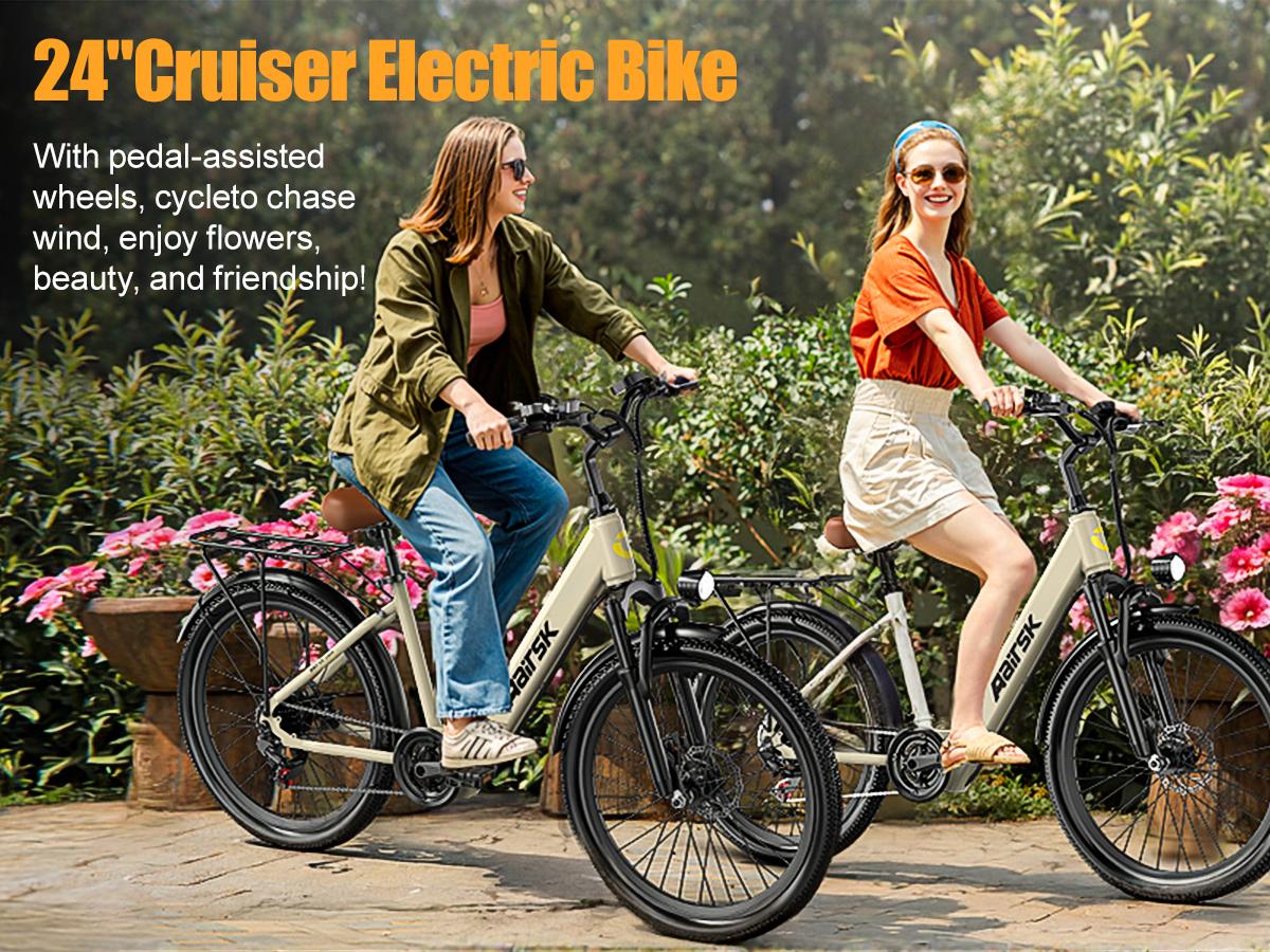 Aairsk electric bicycle, SU7, 36V13Ah, peak power 748W, lithium battery, dual suspension, removable tires, women's mountain electric bicycle 24 inches, maximum range 40 miles, 7 speeds, LED lights, display and NPC unlocking, dual disc brakes