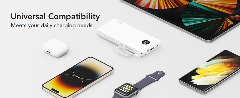 VRURC 10000mAh Portable Power Bank with 4 Built-in Cables Fast Charging LED Display Travel Battery Pack for iPhone Samsung Android Tablet iPad Earbuds USB Type-C & Micro USB Chargeable with Lanyard Smartphone Black Charger