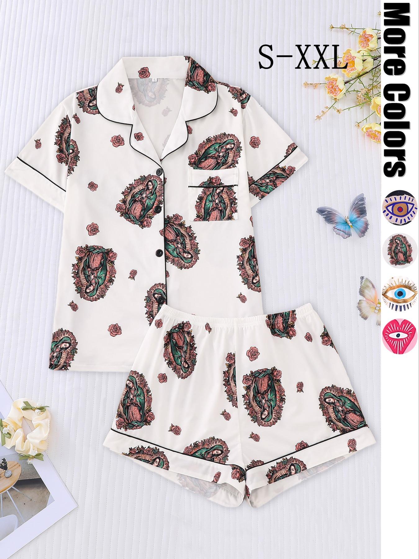 Two-piece Set Women's All Over Print Shirt & Elastic Waist Shorts Pajama, Casual Comfy Top & Shorts Pj Set, Ladies Sleepwear for All Seasons, Loungewear Set Women