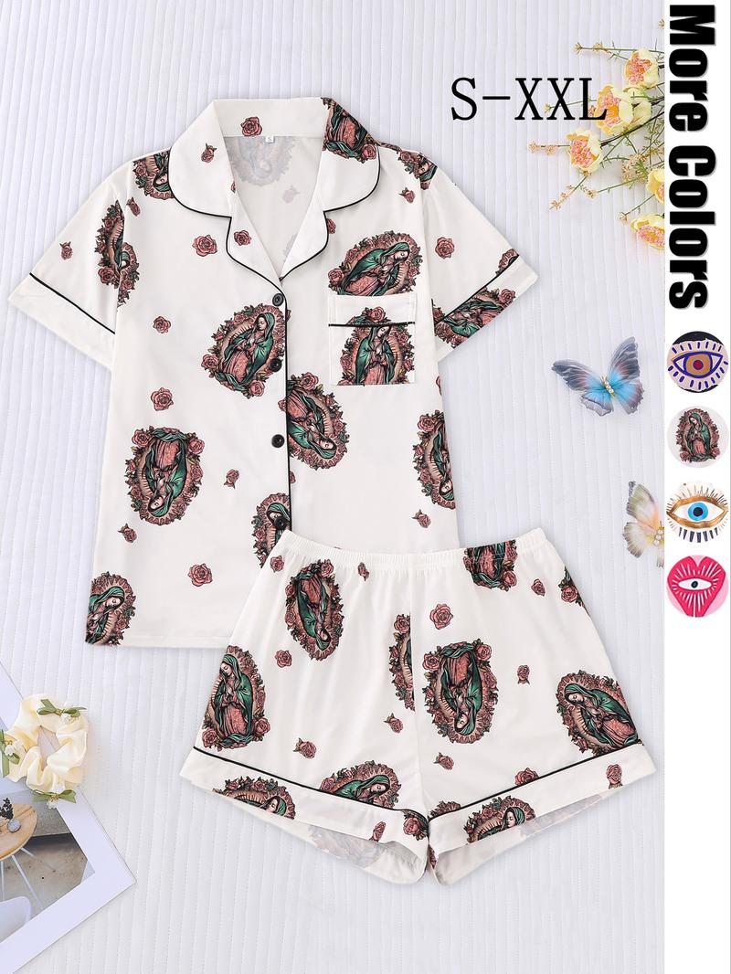 Two-piece Set Women's All Over Print Shirt & Elastic Waist Shorts Pajama, Casual Comfy Top & Shorts Pj Set, Ladies Sleepwear for All Seasons, Loungewear Set Women