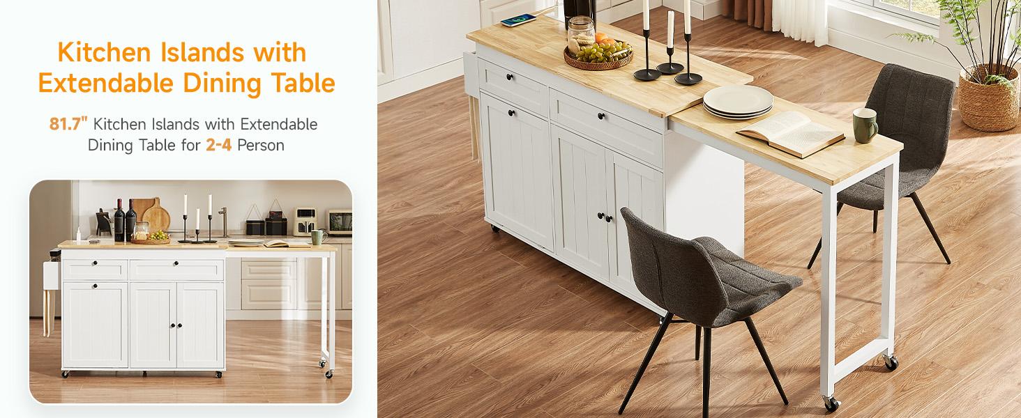 【SPOTLIGHT DAY】ONBRILL 60" / 81.7" Kitchen Island with Power Outlet & Drop Leaf, Kitchen Rolling Island with Spice Rack & Towel Rack, Knife Holder, Kitchen Island Cart with Trash Storage Cabinet, Mobile Island Table for Kitchen