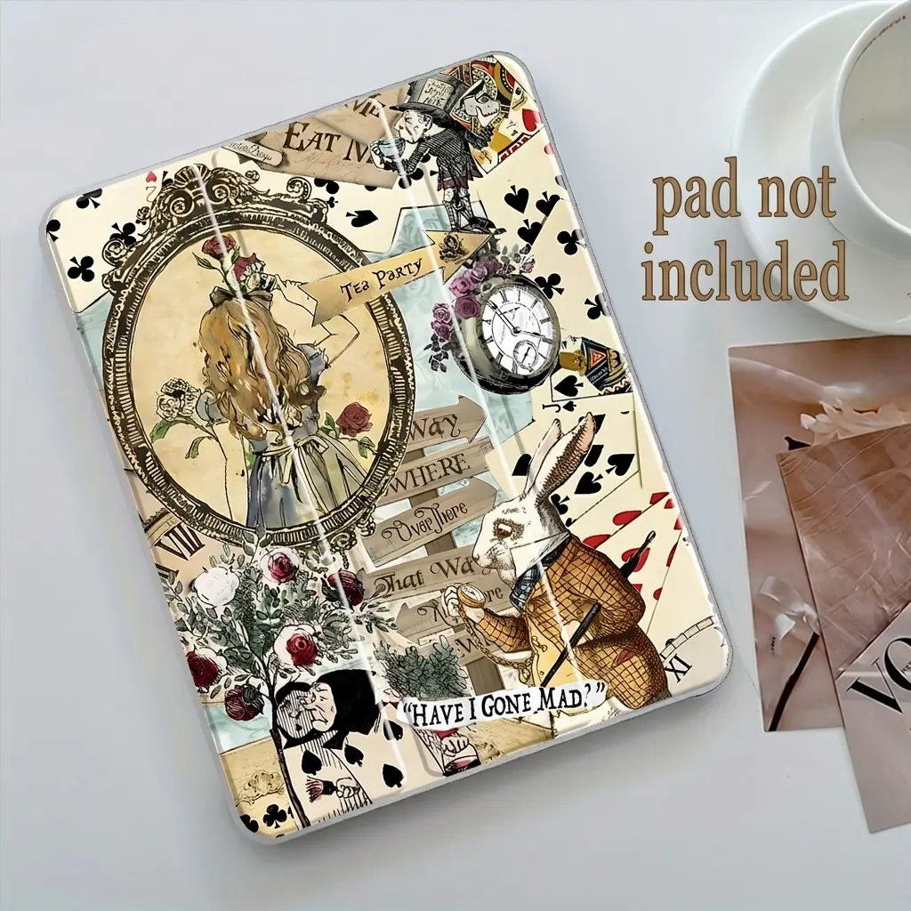 Classic Wonderland Characters iPad Case, Tablet protective cover, transparent acrylic back panel, with pencil slot, suitable for ipad mini pro air, scratch-resistant, shock-resistant full cover protective case suitable for offices schools and home