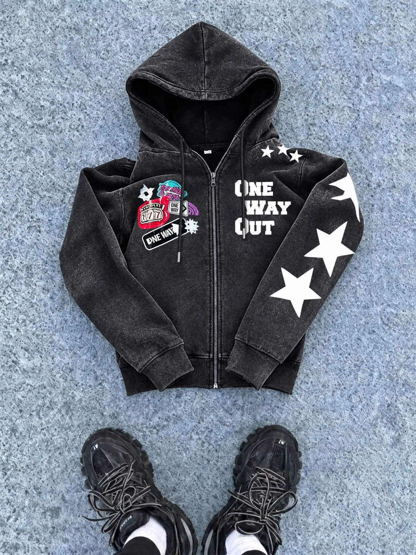 Men's Cotton Vintage Washed Zipper Hoodie, Star Sticker Print, Casual Fitted Long Sleeve, Fall Winter Inner Wear, Streetwear Outer Jacket
