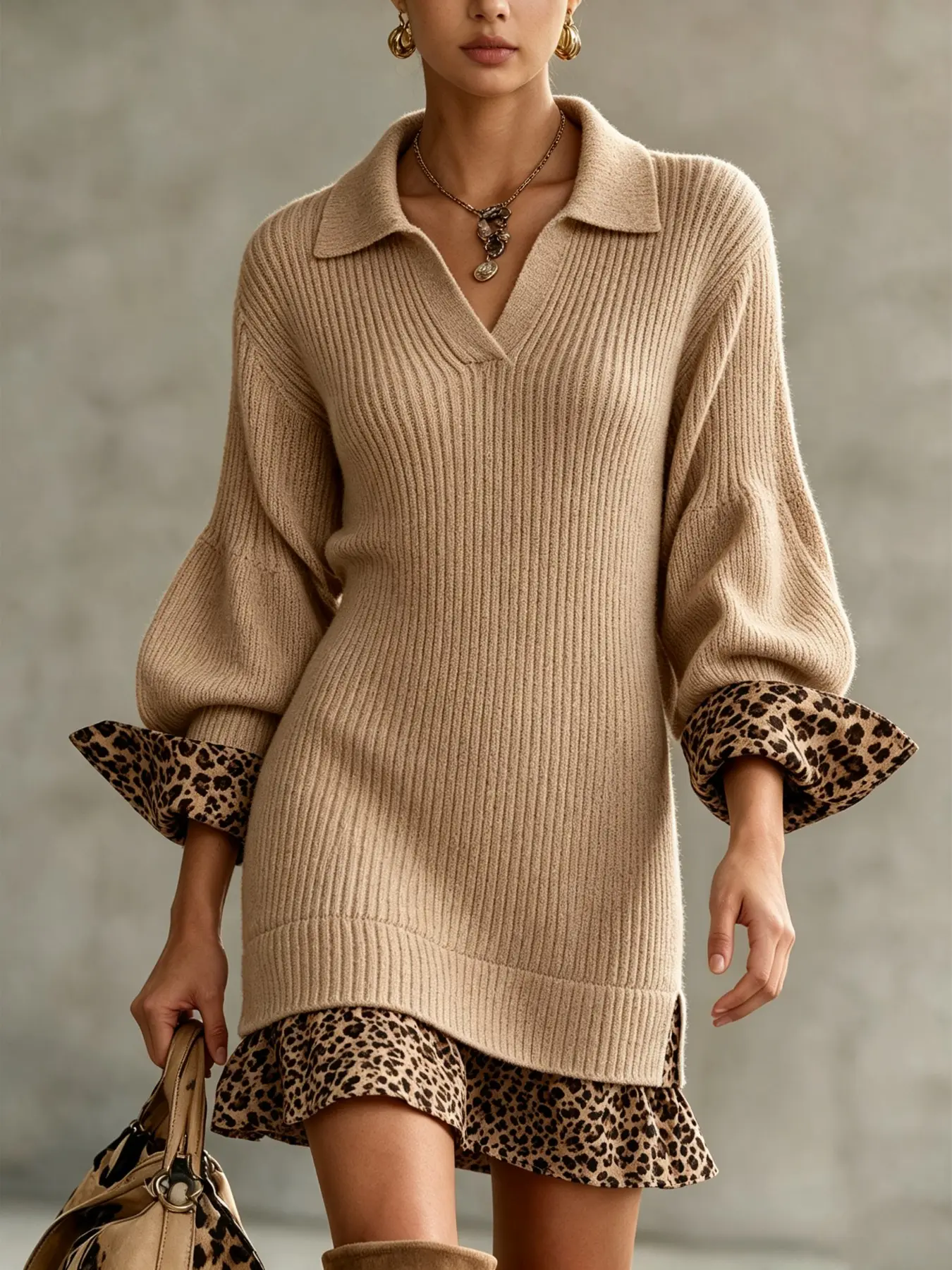 Autumn Winter Retro Polo Neck Knit Sweater Women, Leopard Print Patchwork Fake Two-Piece Lantern Sleeve Waistcoat Pullover
